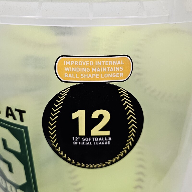 DSG Bucket Of Softballs, 12in Yellow,  12 Softballs & 1 Bucket with Padded Lid, Barely Used