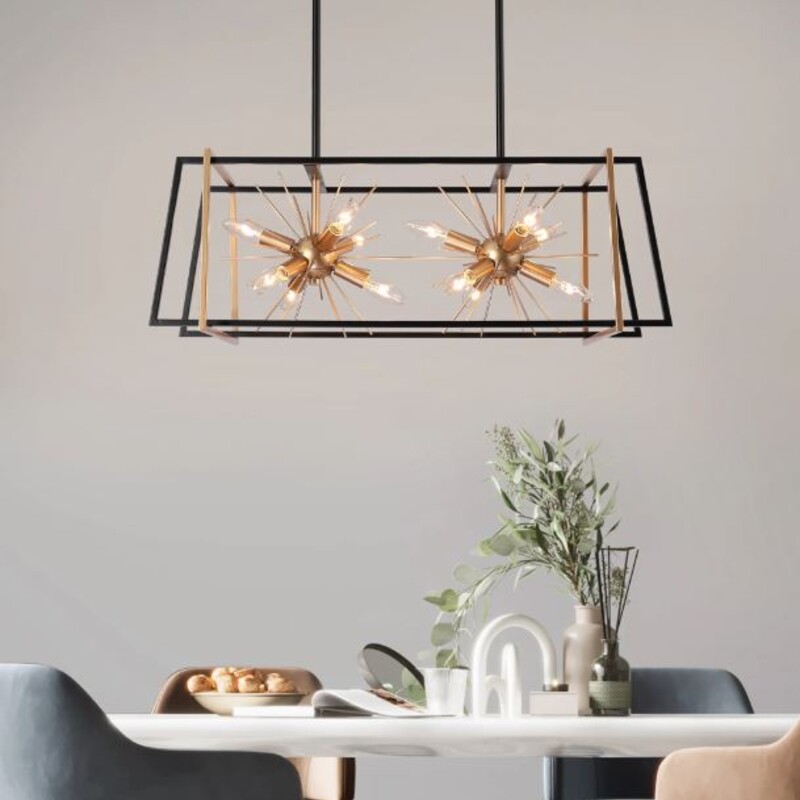 Zevni Brion Sputnik Metal Chandelier
Gold Black Clear Size: 29.5 x 24H
Retails: $320+

The cage chandelier offers very bright lighting for your dining room, living room, foyer, bedroom, kitchen, and any large space

Requires 12 x max 40-Watt E12 bulbs (not included), compatible with LED bulbs

Light fixture dimension: 29.5-in W x 14-in D x 10.5-in H; canopy size: 13.5-in L x 4-in W