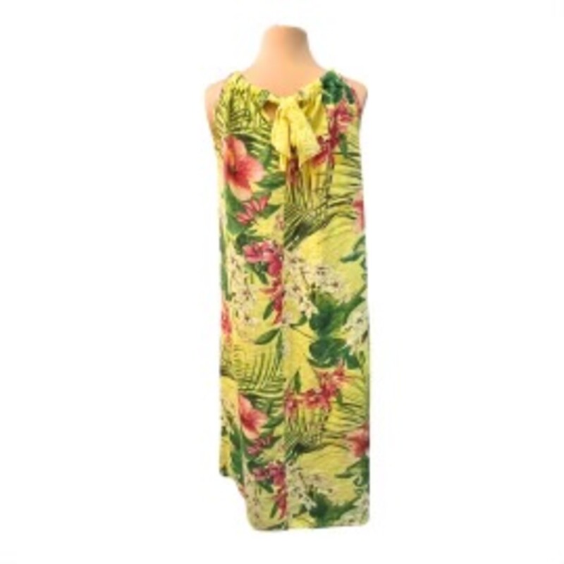 Bellambia Floral Dress<br />
100% Linen<br />
Beautiful Tropical Floral Print<br />
Maxi Length<br />
Yellow with Green, Pink and White<br />
Size: Medium