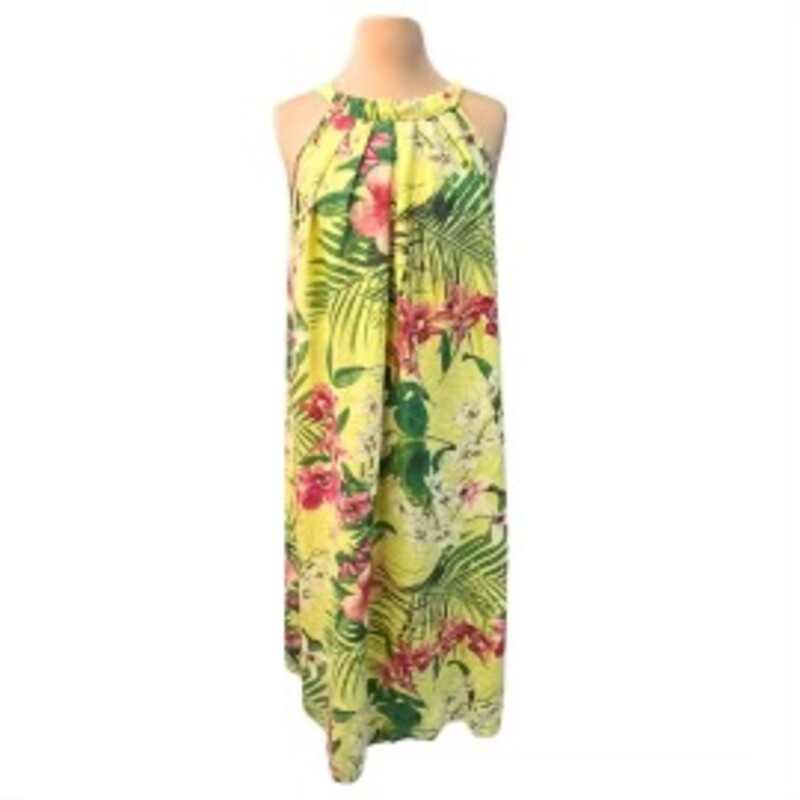 Bellambia Floral Dress<br />
100% Linen<br />
Beautiful Tropical Floral Print<br />
Maxi Length<br />
Yellow with Green, Pink and White<br />
Size: Medium