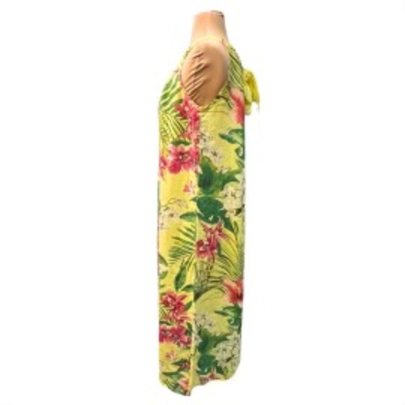 Bellambia Floral Dress<br />
100% Linen<br />
Beautiful Tropical Floral Print<br />
Maxi Length<br />
Yellow with Green, Pink and White<br />
Size: Medium