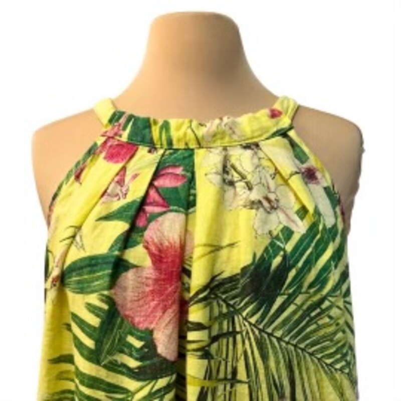 Bellambia Floral Dress<br />
100% Linen<br />
Beautiful Tropical Floral Print<br />
Maxi Length<br />
Yellow with Green, Pink and White<br />
Size: Medium