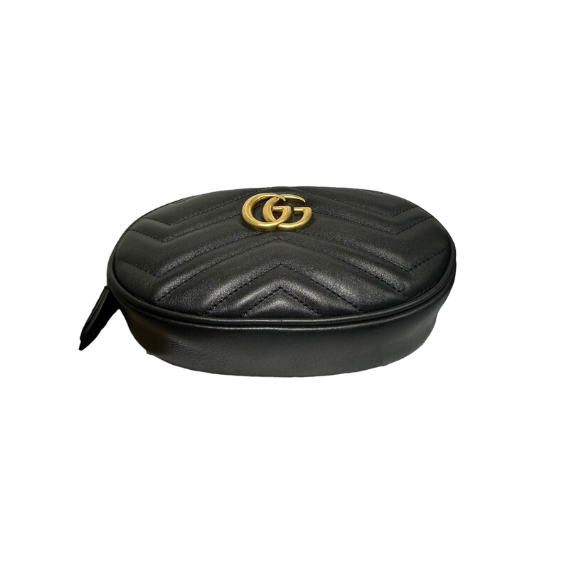 Gucci Belt Bag<br />
Black Leather<br />
Double G Logo<br />
Gold-Tone Hardware<br />
Alcantara Lining & Single Interior Pocket<br />
Zip Closure at Top<br />
Unfortunately, due to restrictions, this item may not be eligible for shipping in all areas.<br />
<br />
Dimensions:<br />
Height: 4.5<br />
Width: 7.25<br />
Depth: 1.5