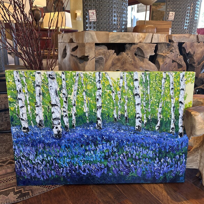 Aspen And Lupins by Local Artist Sandie  Davis

Size: 36 X 24

Sandie Davis has lived and worked in the Truckee/North Shore area for over 40 years. She only recently discovered the creative magic of painting. As a volunteer graphic designer she found a love for colors that began to find expression in painting wildly with acrylics. That finally got harnessed into painting lessons starting in 2022, opening up the world of lights, darks, patterns and the brilliance of God’s earth. When she picks up the palette knife she is excited and nervous to see what will appear! She is also a local musician, accompanying the Truckee Tahoe Community Chorus, playing piano for schools, community theater and churches in Truckee.