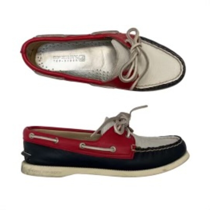 Sperry Audrey Boat Shoes<br />
Leather Uppers<br />
Colors: Red, Navy, and White<br />
Size: 7