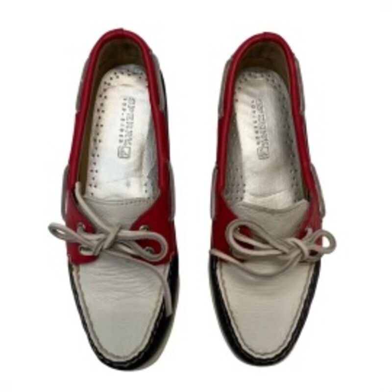 Sperry Audrey Boat Shoes<br />
Leather Uppers<br />
Colors: Red, Navy, and White<br />
Size: 7