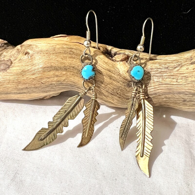 gold tone Feathers & Turquoise earrings