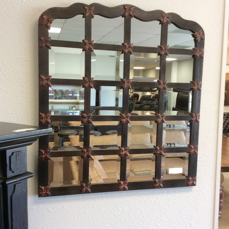 This pair of Uttermost Mirrors have wooden dividers with individual beveled mirror insets and metal medallion accents.