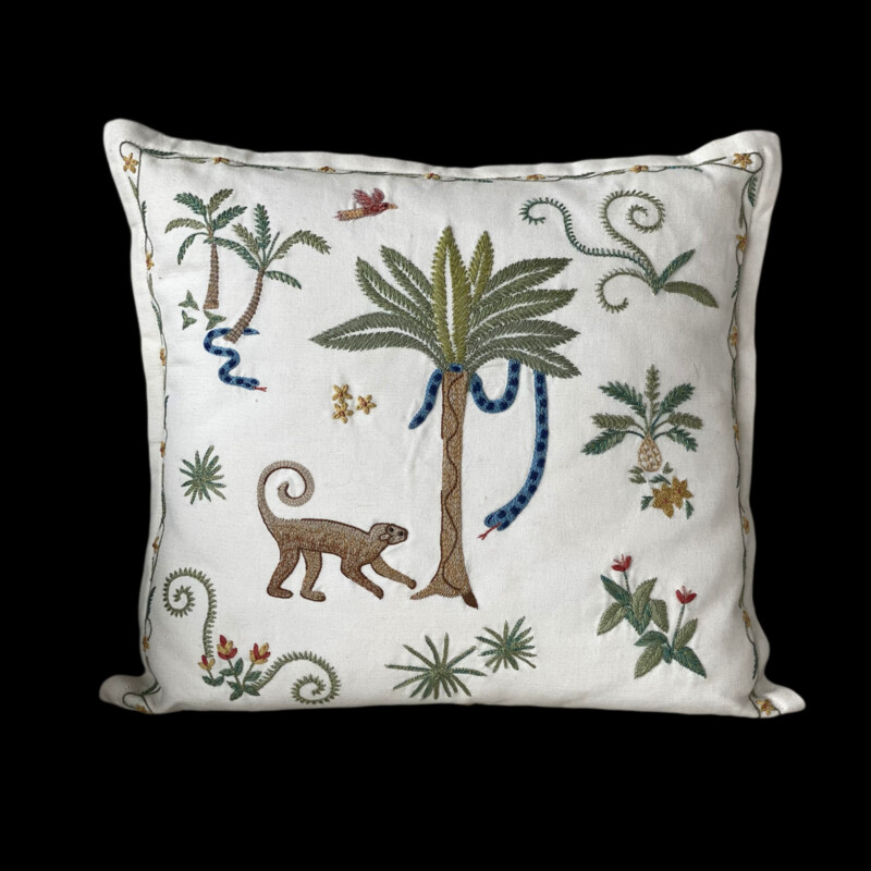 Chelsea Textiles Embroidered Monkey Pillow
Cream Green Blue Brown Size: 13 x 13H
Retails: $280+
55% Linen
45% Cotton
Embroidery 100% Cotton