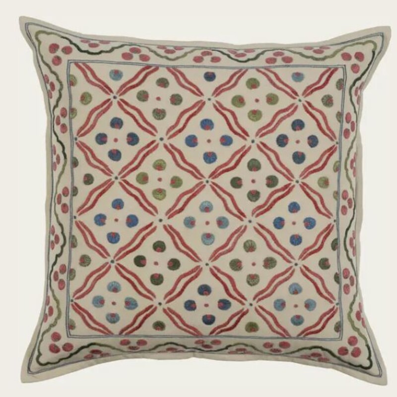 Chelsea Textiles Roya by Alidad Down Embroidered Pillow
Cream Red Blue Green Size: 18 x 18H
Retails: $289+
55% Linen
45% Cotton
Embroidery 100% Cotton
Here the dots of the Cintamani have become four, not three, framed by their companion wavy lines. The resulting diamond shape creates a modern look from these classical roots. The border utilises the same motif in a more familiar way.
Embroidered by hand