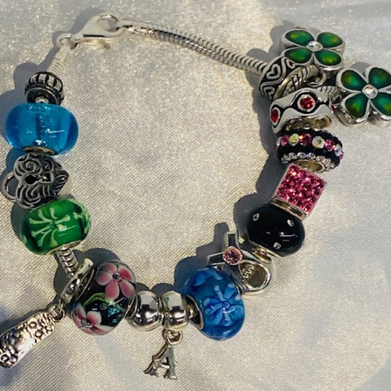 925 IBB 17 Charms Bracelet
Silver Blue Green Multicolored Size: 7.5L
Not Pandora, but similar