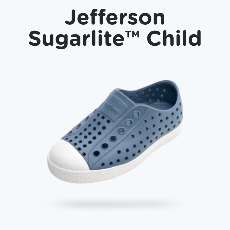 Native Jefferson Child, Oasis Blue, Size: C5
It's the leader of lite-ness and our original EVA all-star, the uncompromisable Jefferson. Like any reigning ruler of the ring, the Jefferson encompasses all of the fine features that you'd expect from a Native shoe. It's shock absorbent, odor resistant, hand-washable, and comes in an infinite assortment of colors and treatments. Capabilities clouds could only dream of.

MATERIALS
Rubber Rand and Toe
Injection Molded EVA Construction