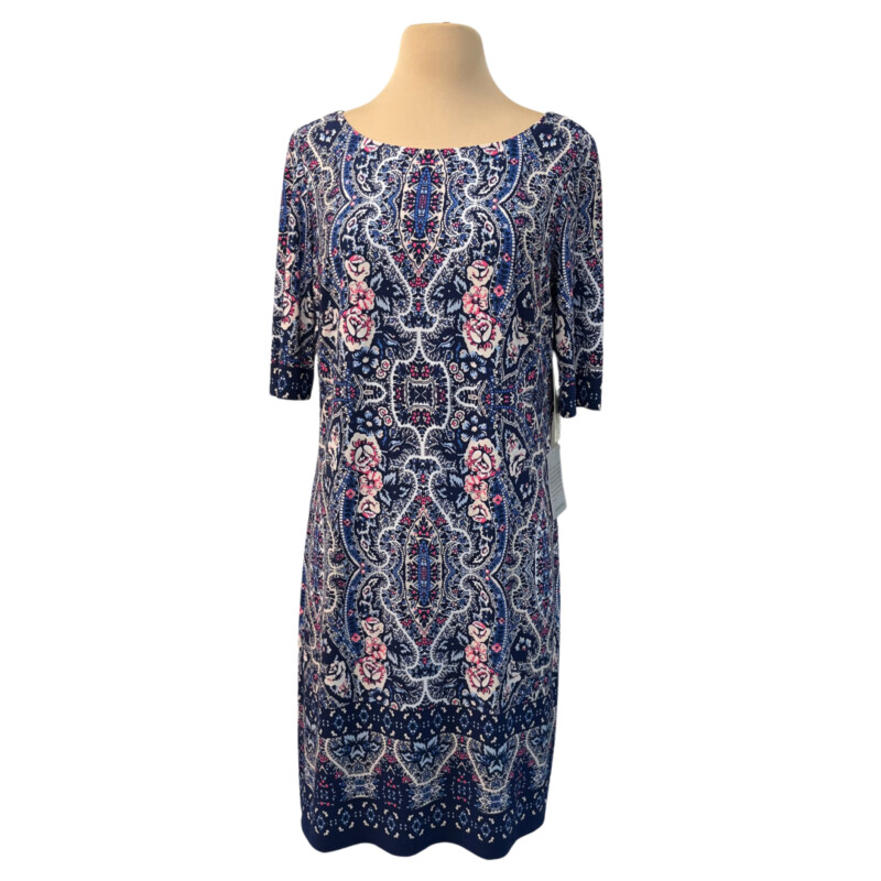 New Eliza J Dress<br />
Fully Lined<br />
Elbow Length Sleeves<br />
Floral and Paisley Pattern<br />
Colors: Blue, Pink, and White<br />
Size: 12