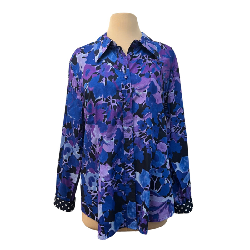 Jones NY Floral Shirt<br />
100% Cotton<br />
Collar and Reverse Side of Sleeves have Adorable PolkaDots<br />
Blues and Purples<br />
Size: XL