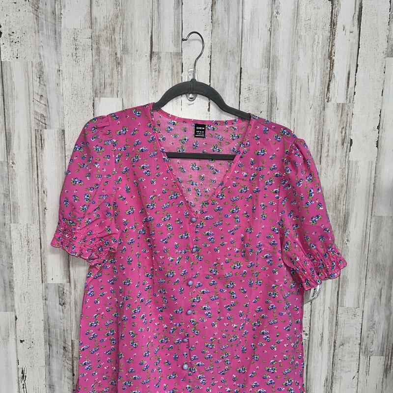 L Pink Floral Button To, Pink, Size: Ladies L