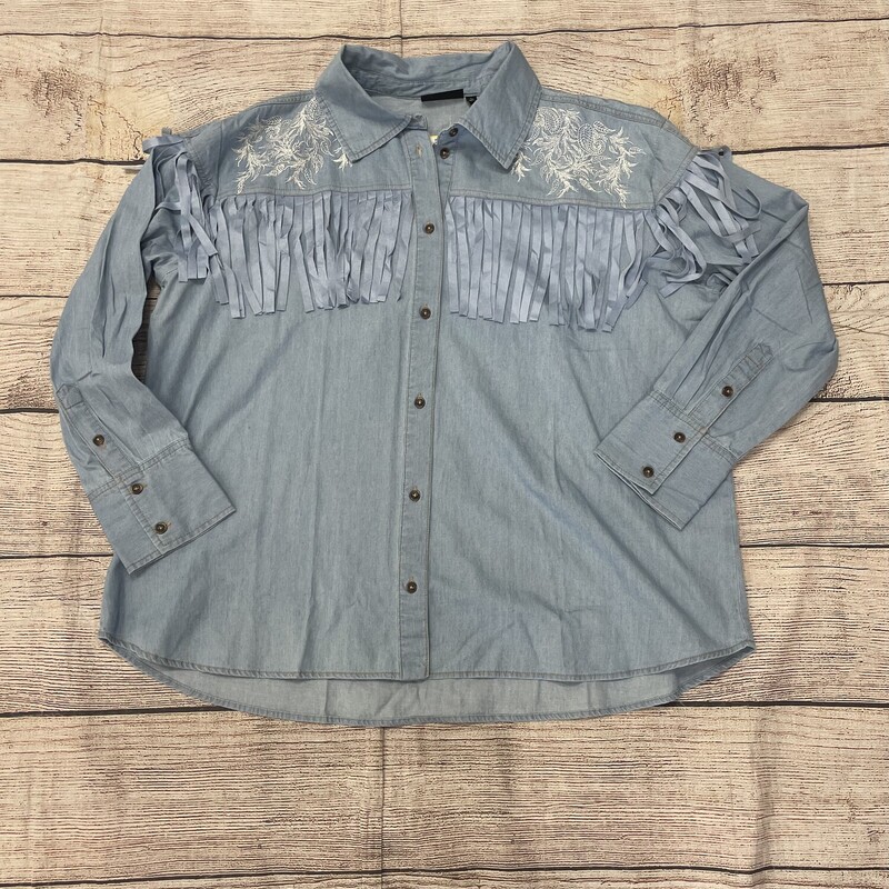 New DG2 Blouse long sleeve chambray blue has fringe across the front and back embroidery on both shoulders.