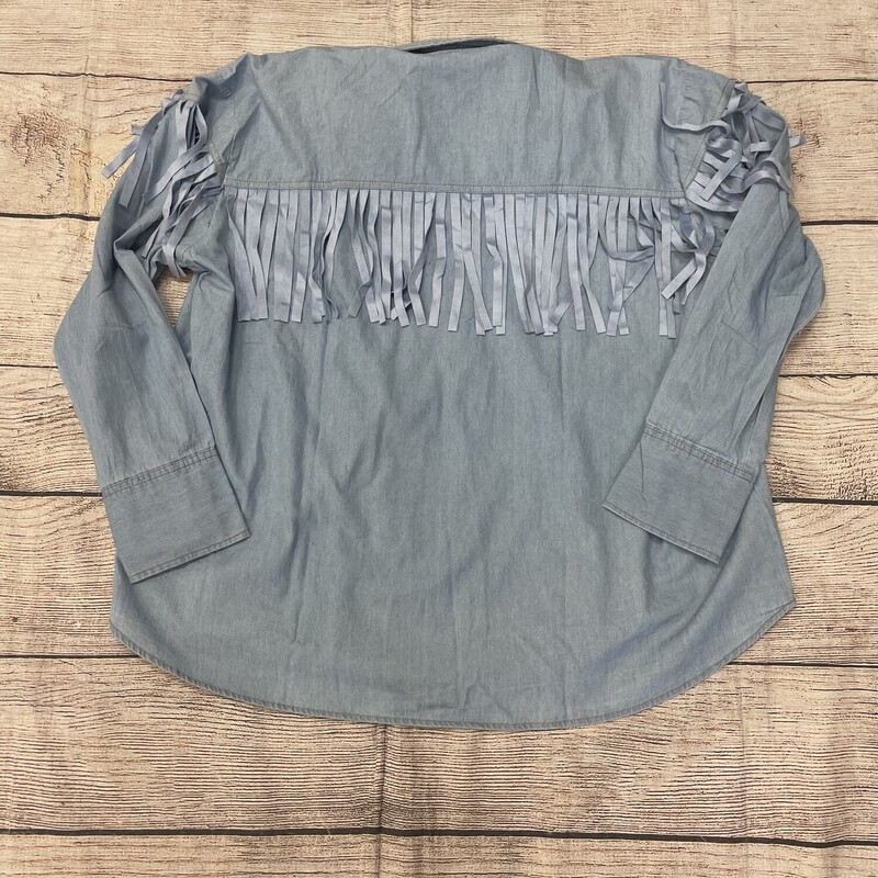 New DG2 Blouse long sleeve chambray blue has fringe across the front and back embroidery on both shoulders.