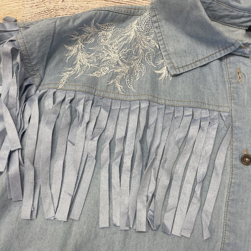 New DG2 Blouse long sleeve chambray blue has fringe across the front and back embroidery on both shoulders.