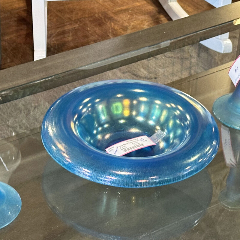 Aqua Glass Bowl (12 In Round)
with Two Matching Candlesticks (9 In Tall)