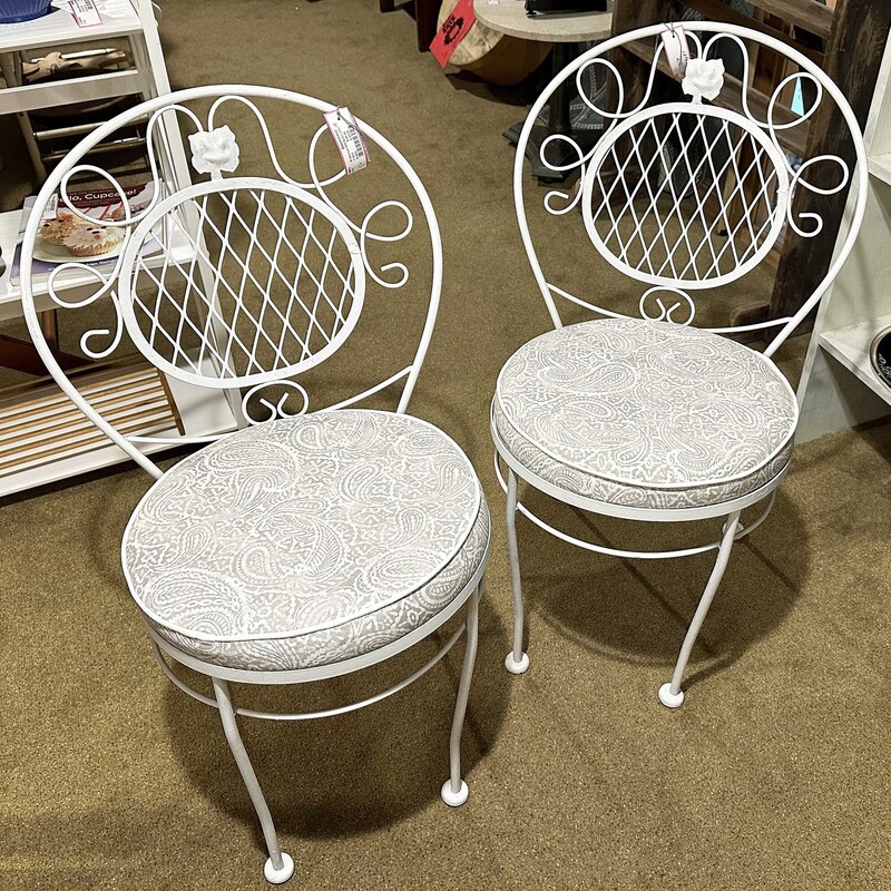 Pair Wrt Iron White Bistro Chairs

Gray Upholstered Seats

32.5 H x 21 D x 16 W