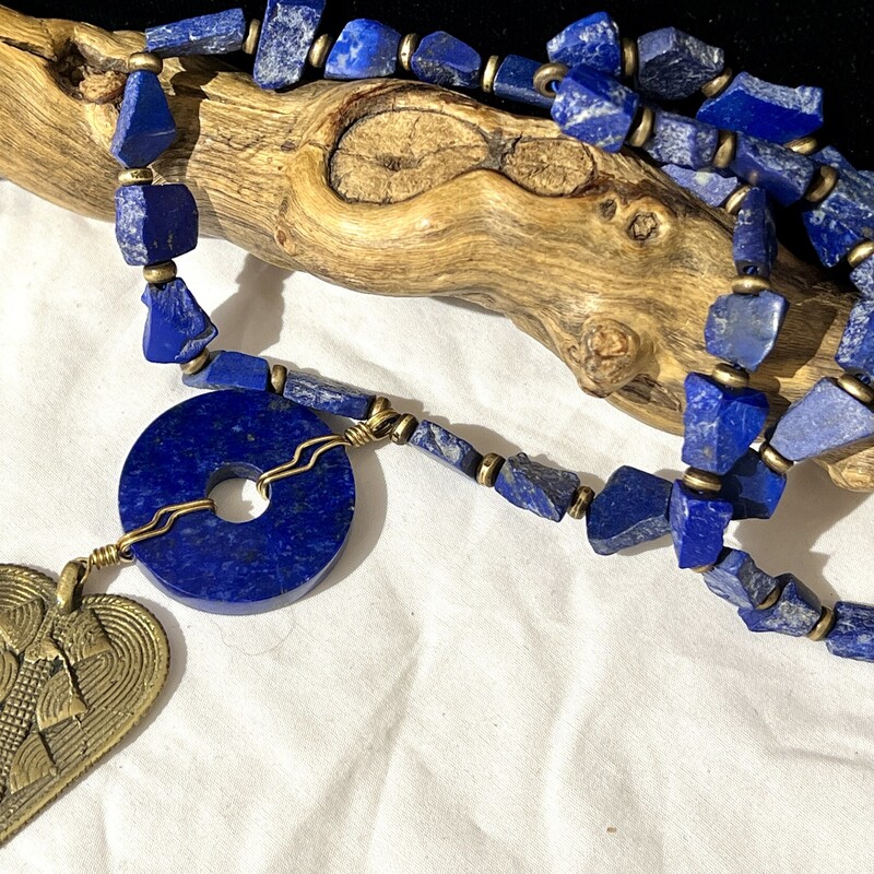 Blue stones & Brass heart necklace