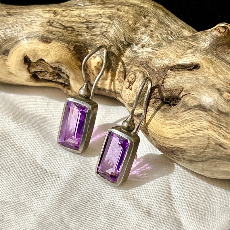 Sterling purple rectangle drop earrings