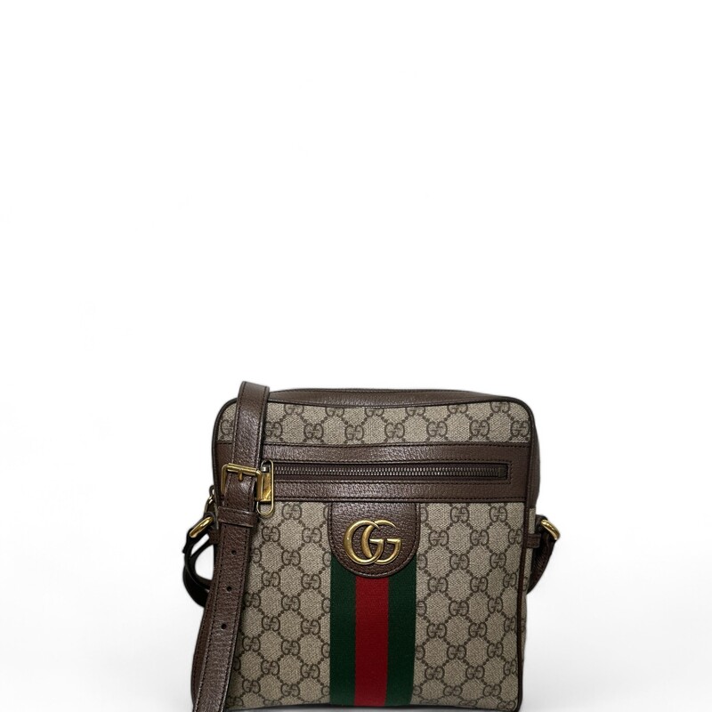 Gucci  Ophidia
Beige/ebony GG Supreme canvas, with brown leather trim
Green and red Web
Antique gold-toned hardware
Interior open pocket
Double G
Front zipper pocket
Interior zipper pocket
Adjustable leather shoulder strap with 21.5 drop
Zipper closure
Small size: 9W x 9.5H x 2D
Made in Italy