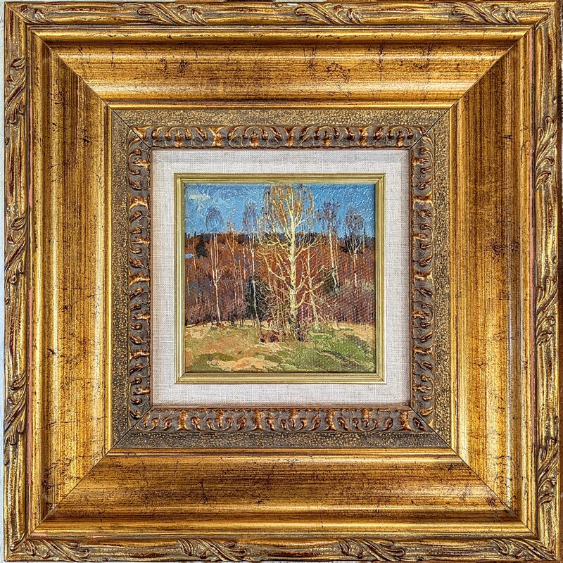 Vintage Frame Trees Painting
Gold Brown Green Blue
Size: 14.5x14.5H