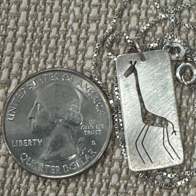 Crawsister Jewelry by Sarah Leonard<br />
.925 Adorable Giraffe Necklace<br />
Size: Pendant 1inch x 1/2 inch with 16 inch chain