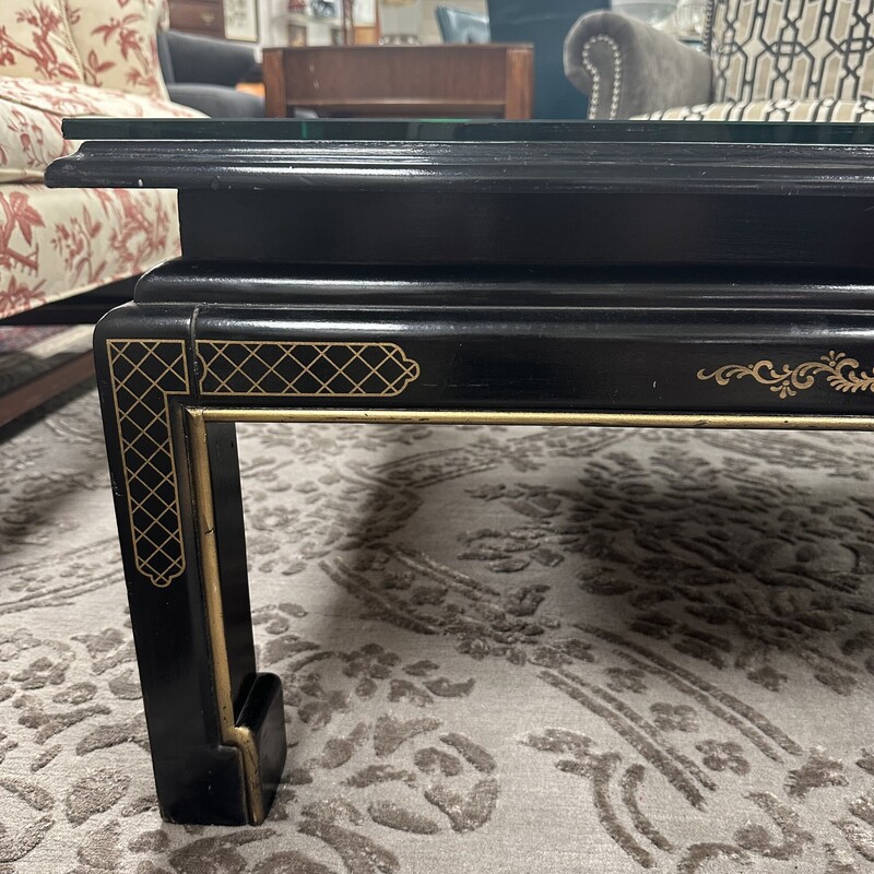 Lacquer Chinoiserie Table, Black with Glass Top. Sold as-is: glass has some chips on corners.<br />
Size: 36x36x16