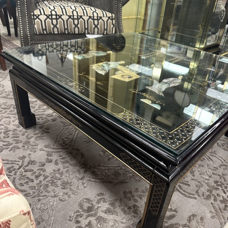 Lacquer Chinoiserie Table, Black with Glass Top. Sold as-is: glass has some chips on corners.<br />
Size: 36x36x16