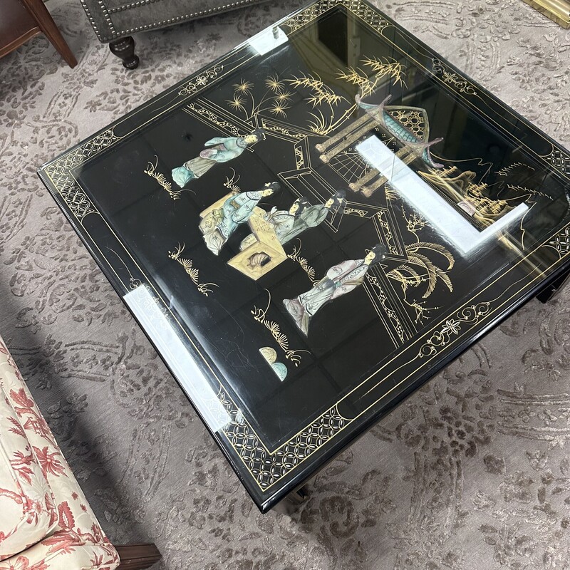 Lacquer Chinoiserie Table, Black with Glass Top. Sold as-is: glass has some chips on corners.
Size: 36x36x16