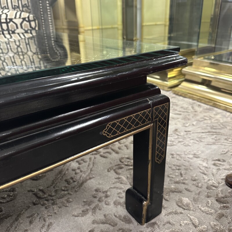 Lacquer Chinoiserie Table, Black with Glass Top. Sold as-is: glass has some chips on corners.<br />
Size: 36x36x16