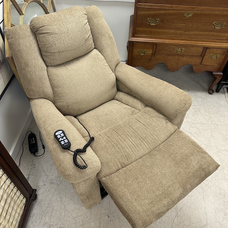 Upholstered Beige Power Recliner, only six months old. Retails for $1,900! Super comfortable.