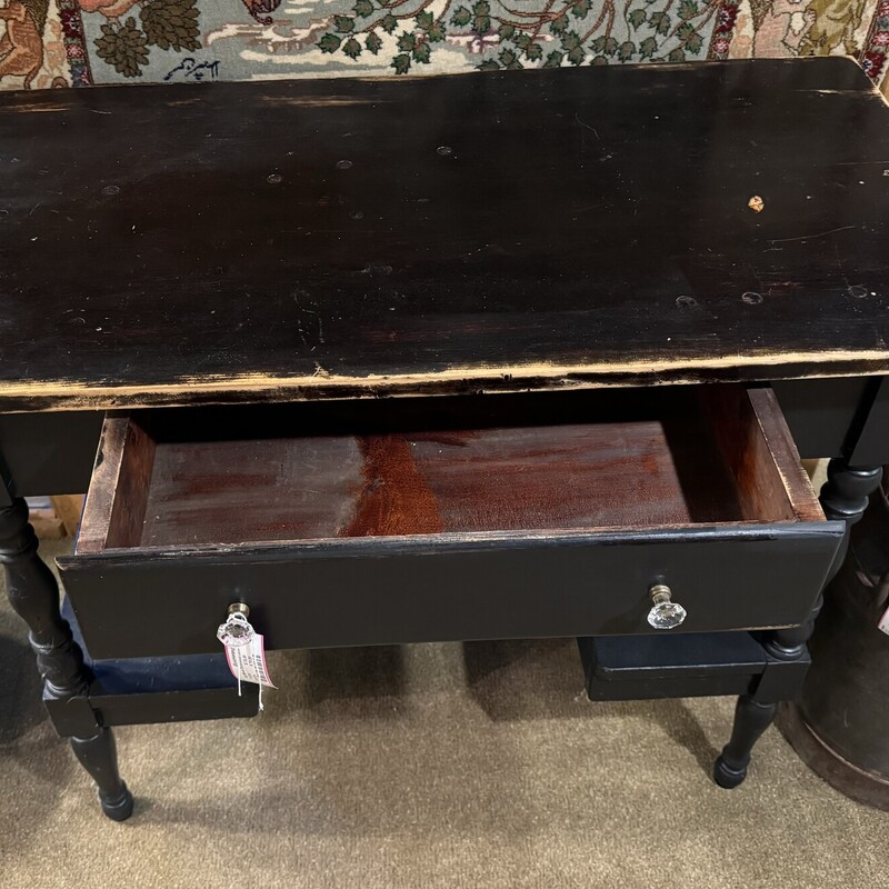 Vtg Black Distressed Desk<br />
One Drawer with Glass Knobs<br />
36 Inches Wide, 18 Inches Deep, 31 Inches High