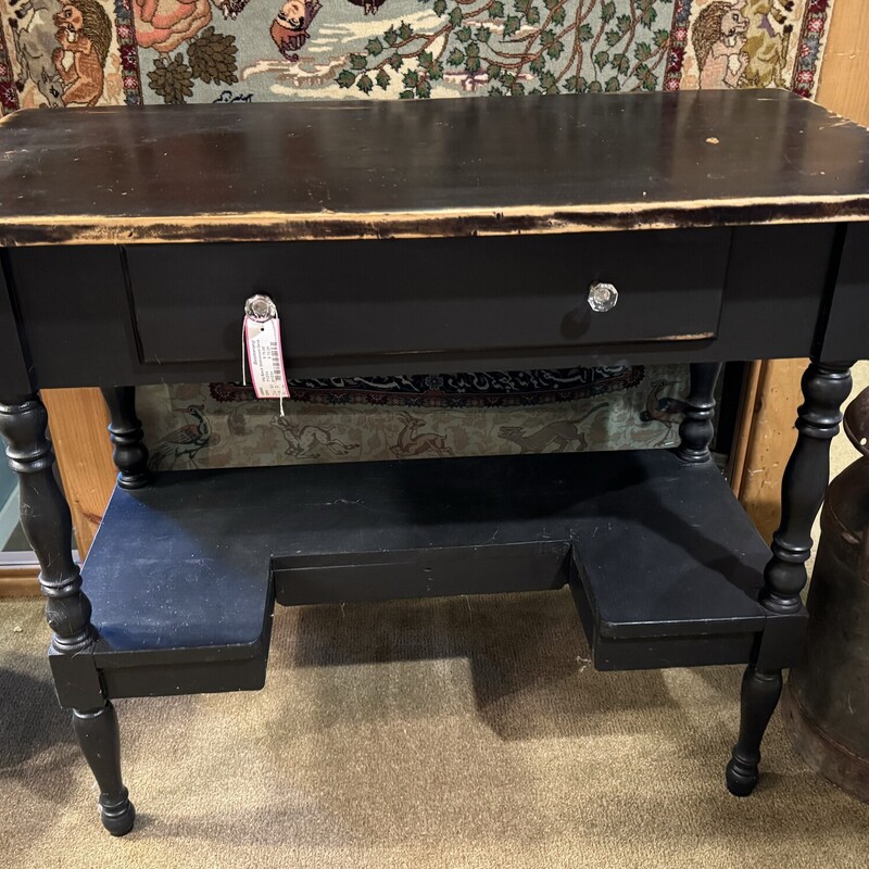 Vtg Black Distressed Desk
One Drawer with Glass Knobs
36 Inches Wide, 18 Inches Deep, 31 Inches High