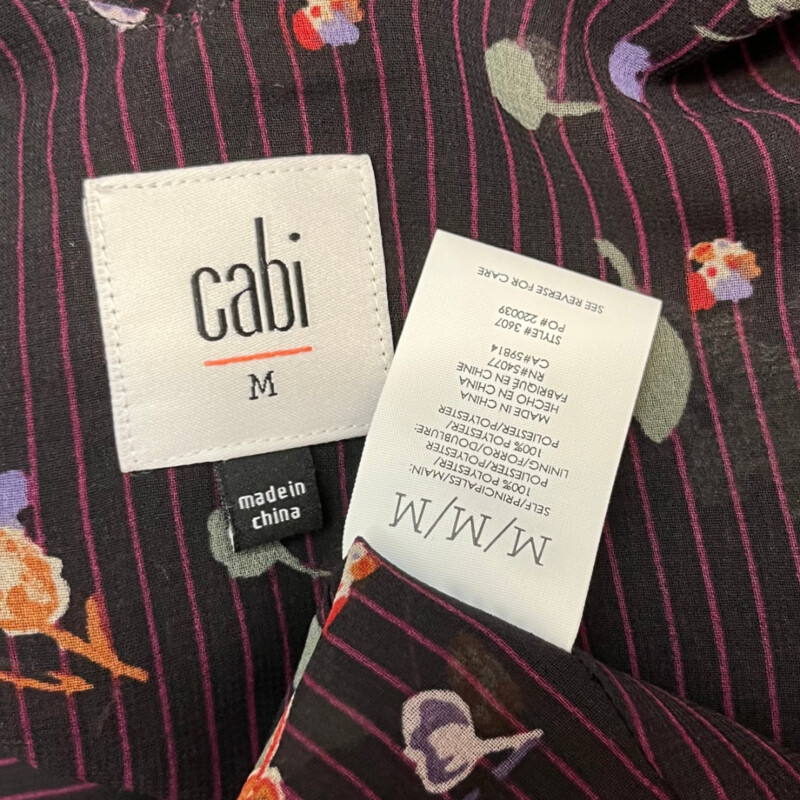 CAbi Pinstripe Floral Top<br />
Lined Front<br />
Sleeveless<br />
Black and Red with Purple and Green<br />
Size: Medium