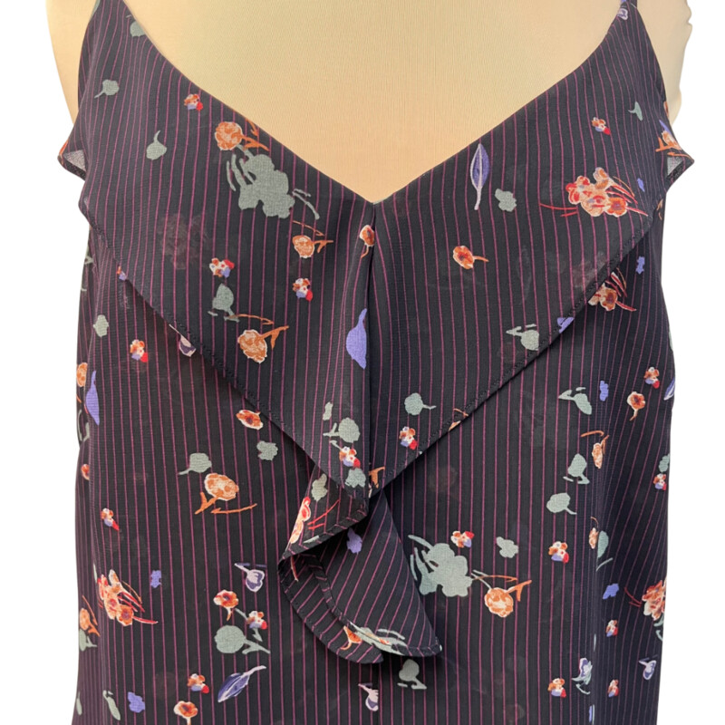 CAbi Pinstripe Floral Top
Lined Front
Sleeveless
Black and Red with Purple and Green
Size: Medium