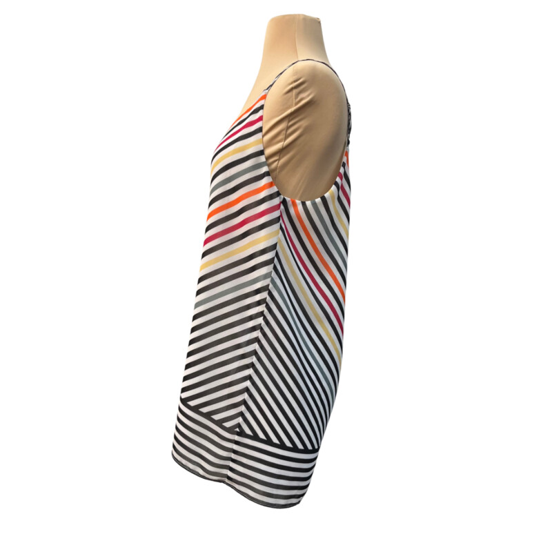 CAbi Linea Top<br />
Lined<br />
Sleeveless<br />
White and Black with Orange and Red and Yellow<br />
Size: Medium