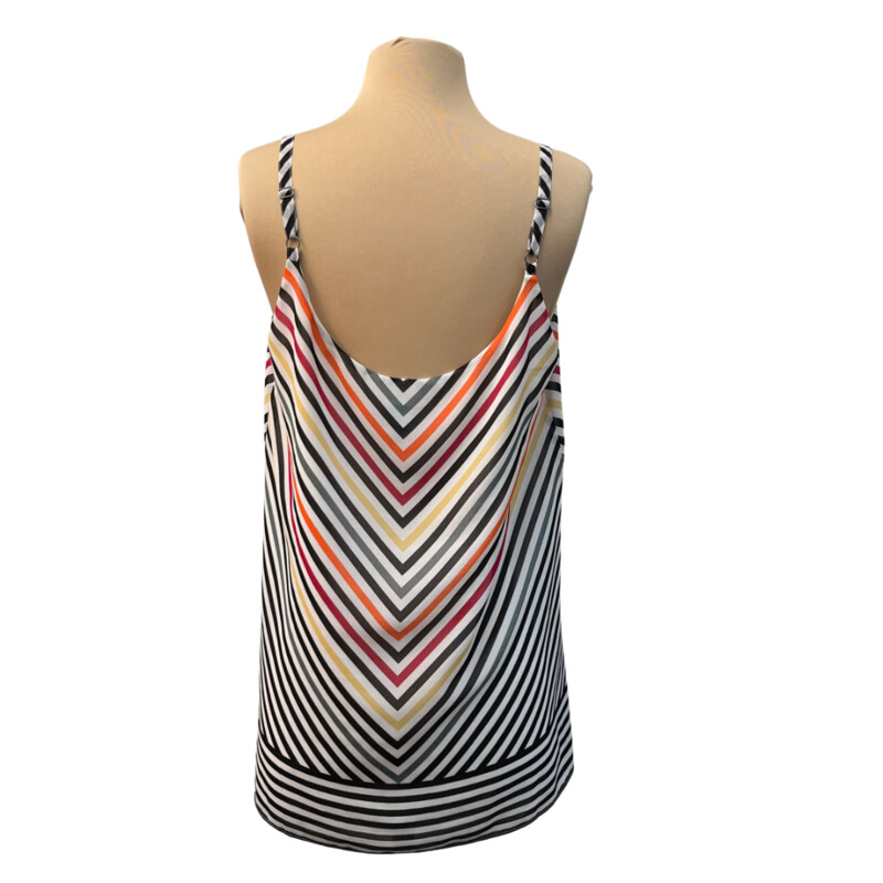 CAbi Linea Top<br />
Lined<br />
Sleeveless<br />
White and Black with Orange and Red and Yellow<br />
Size: Medium