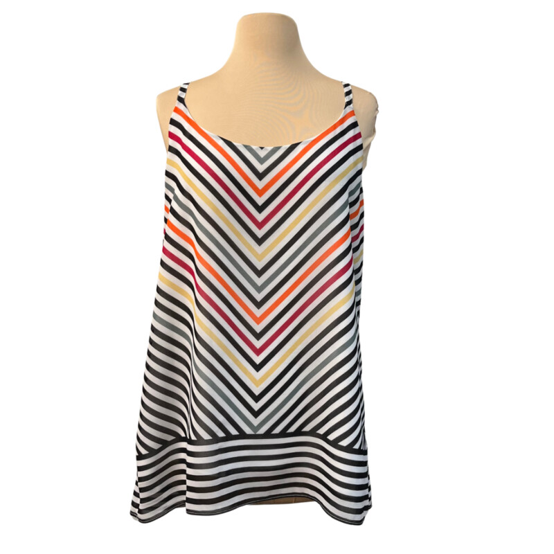 CAbi Linea Top<br />
Lined<br />
Sleeveless<br />
White and Black with Orange and Red and Yellow<br />
Size: Medium