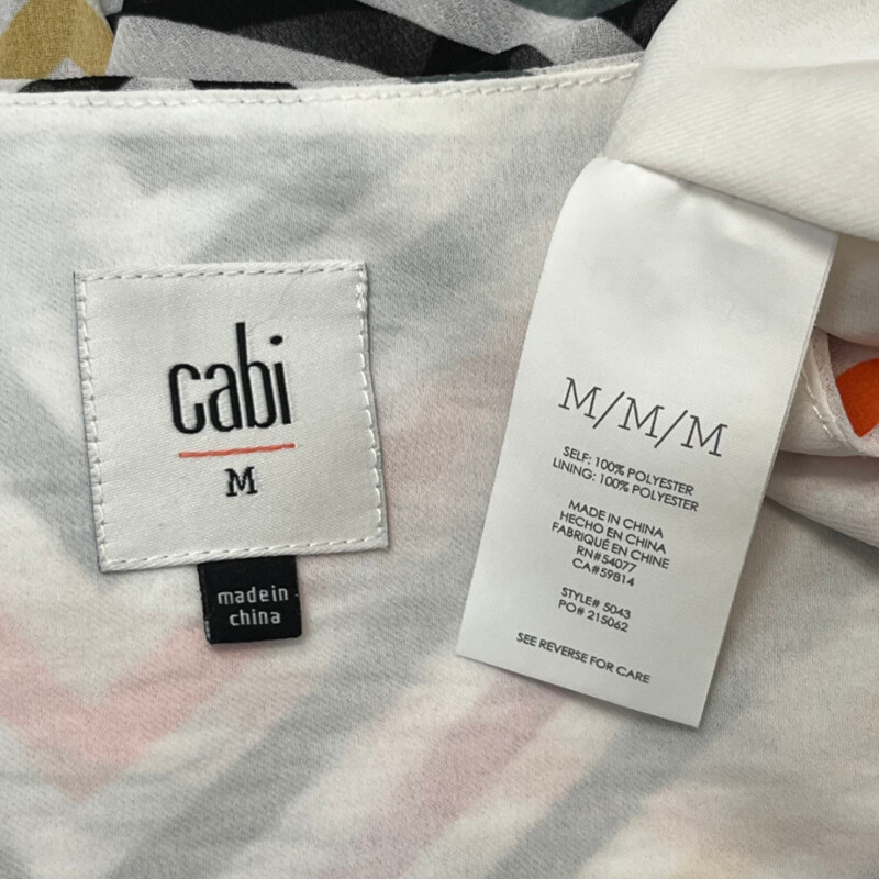 CAbi Linea Top<br />
Lined<br />
Sleeveless<br />
White and Black with Orange and Red and Yellow<br />
Size: Medium