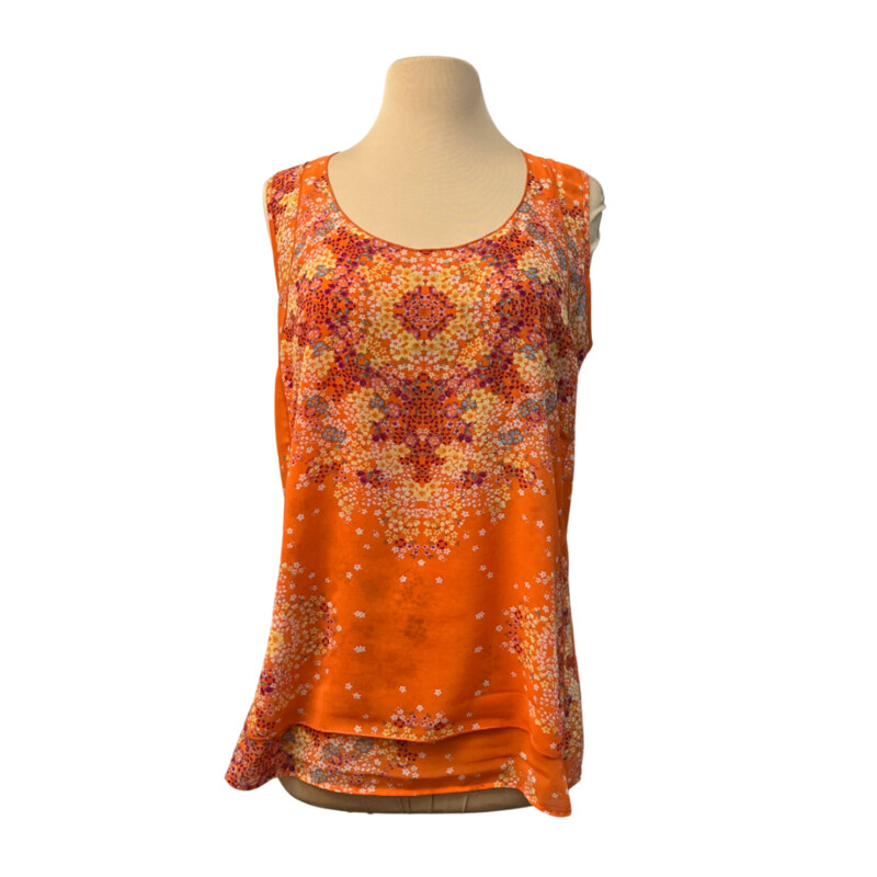 CAbi Merrow Edge Floral Blouse
Lined in the Front
Color:  Orange with Aqua, Purple and Yellow
Size: Medium