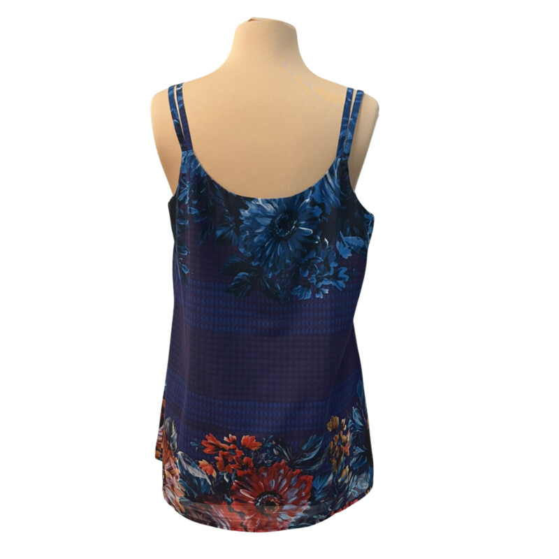 CAbi Artist Floral Top<br />
Sleeveless<br />
Fully Lined<br />
Blue and Purple with Orange and Red<br />
Size: Medium