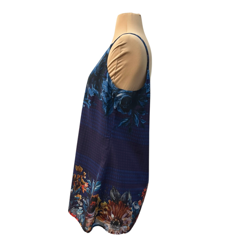 CAbi Artist Floral Top
Sleeveless
Fully Lined
Blue and Purple with Orange and Red
Size: Medium