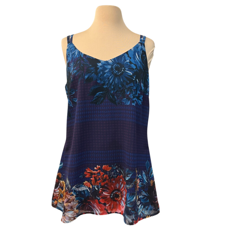 CAbi Artist Floral Top
Sleeveless
Fully Lined
Blue and Purple with Orange and Red
Size: Medium