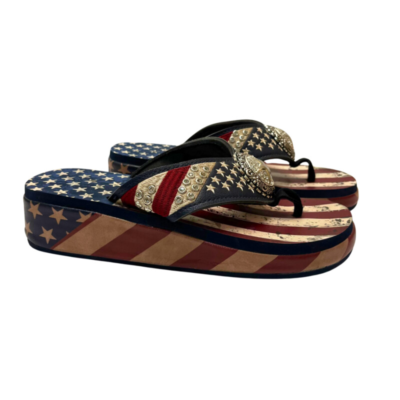 Montana West Flip Flops<br />
Flag Motif<br />
Bejweled<br />
Red, White and Blue<br />
Size: 9