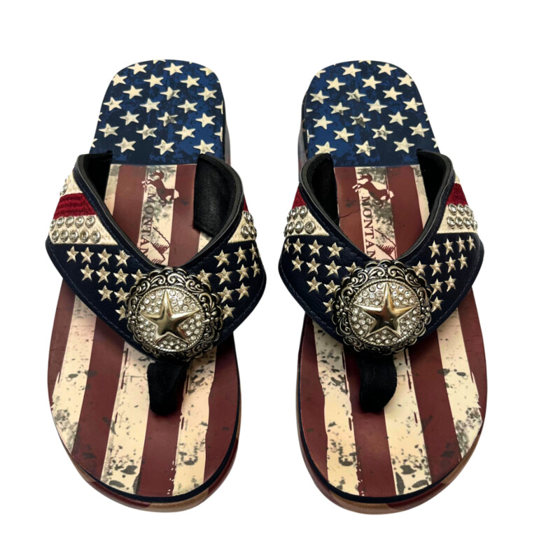 Montana West Flip Flops<br />
Flag Motif<br />
Bejweled<br />
Red, White and Blue<br />
Size: 9