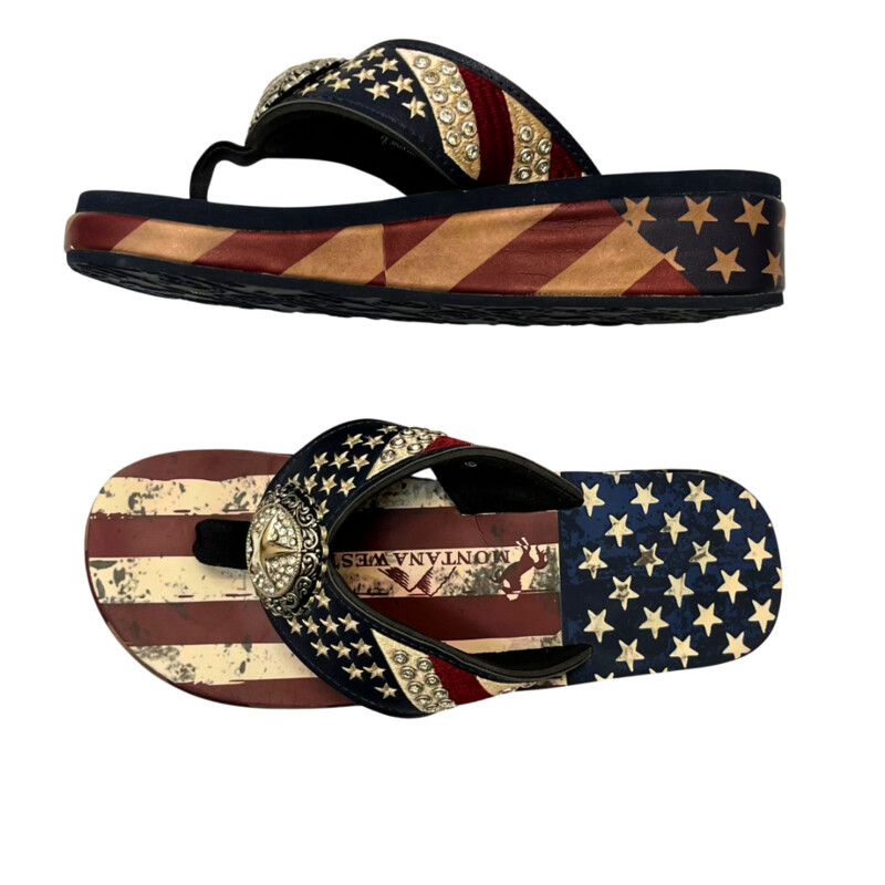 Montana West Flip Flops
Flag Motif
Bejweled
Red, White and Blue
Size: 9