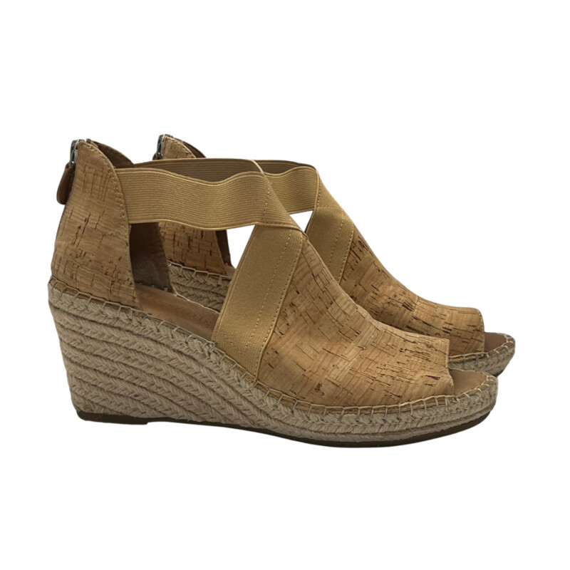 Gentle Souls by Kenneth Cole<br />
<br />
Colleen Cork Espadrille Wedge Heel Sandal<br />
Versatile neutral color with back zip for easy on and off. Elastic straps for optimal fit and comfort. Lightweight. Jute wrapped espadrille wedge heel. Non-slip outsole. Padded footbed.<br />
<br />
Size: 9.5